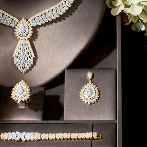 HIBRIDE set perhiasan bentuk tetesan air <span class=keywords><strong>2</strong></span> nada mewah untuk wanita pengantin Nigeria pernikahan 4 buah set kalung anting perhiasan N-1806 - Product Image 3