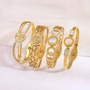 Wholesale Stainless Steel Custom Famous Designer Roman Number Fashion Charms Zircon Gold Plated Bracelet Bangle Women Jewelry