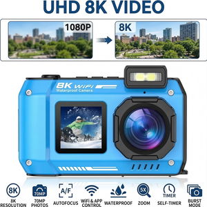 SPUNALP UHD 8K 수중 카메라 70MP 33FT WiFi 방수 2.88 "듀얼 스크린 자동 초점 셀카 2500mAh 배터리 18X 부동 - Product Image 1