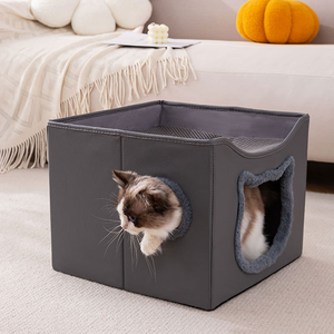 Modernes, robustes Cord-Haustierbett für drinnen mit Kratzbrett, hängendem Ball und Höhle – umweltfreundliche Hunde- und Katzenbetten-Accessoires im Großhandel für den Sommer - Product Image 1
