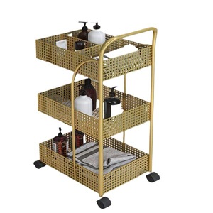 Bedroom Kitchen Aluminium Steel Mesh Removable Bathroom Storage Rack Two-Wheel <b>Trolley</b> Chrome Drop Subway Art Design OEM - Product Image 6