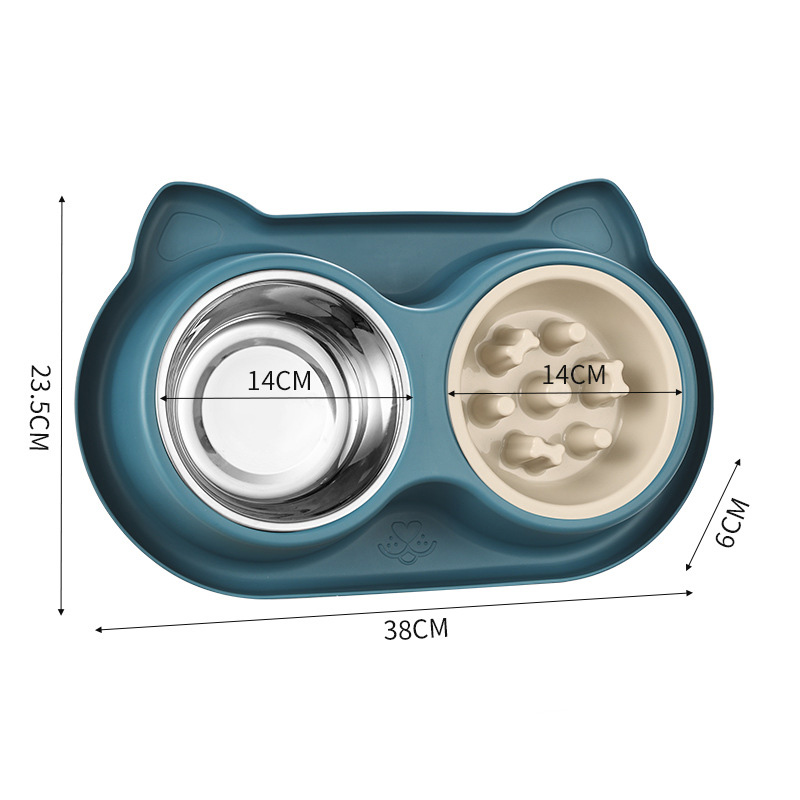 Comedero lento + doble comedero de acero inoxidable.azul