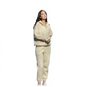 Survêtement crème pour femme, coupe ample, demi-zip, couleur unie, avec poches latérales et taille élastique, idéal pour l'automne - Product Image 2
