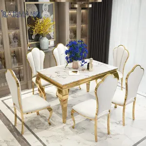 Foshan factory Dining table 8 chairs metal gold marble top square table dining room furniture