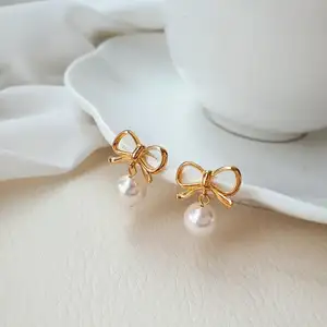 VIANRLA 925 Silber Ohrringe elegante Bogen knoten Perle Frauen Gold Ohrringe trend ige minimalist ische Schmuck Ohrring