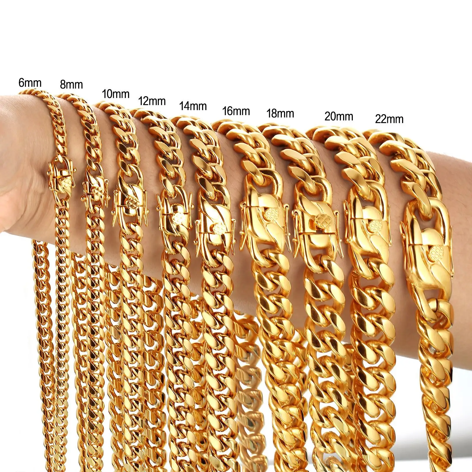 Hot selling High Quality 316L Stainless Steel 18K Plated Shiny Gold Cuban Link Chain Necklace for Men Women