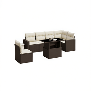 Set Divano da Giardino in Rattan Bianco Crema e Marrone con Cuscini, 6 Posti, Arredamento da Esterno dal Design Contemporaneo - Product Image 1