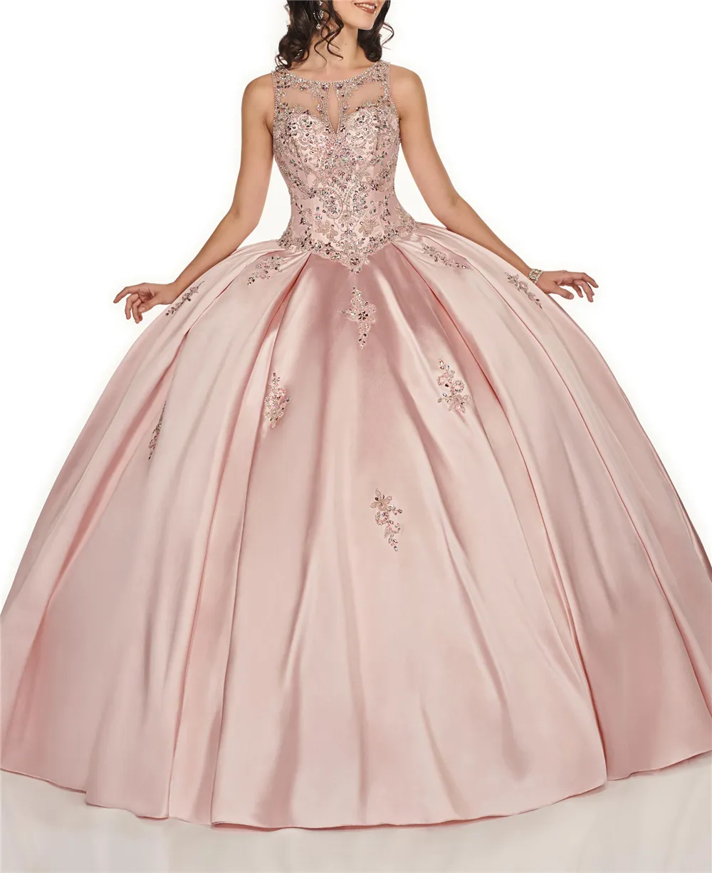 QD1518 Quinceanera कपड़े गेंद पजामा गुलाबी साटन स्कूप नई फीता अप मिठाई 16 पोशाक 15 साल औपचारिक प्रोम पार्टी के लिए तमाशा पजामा
