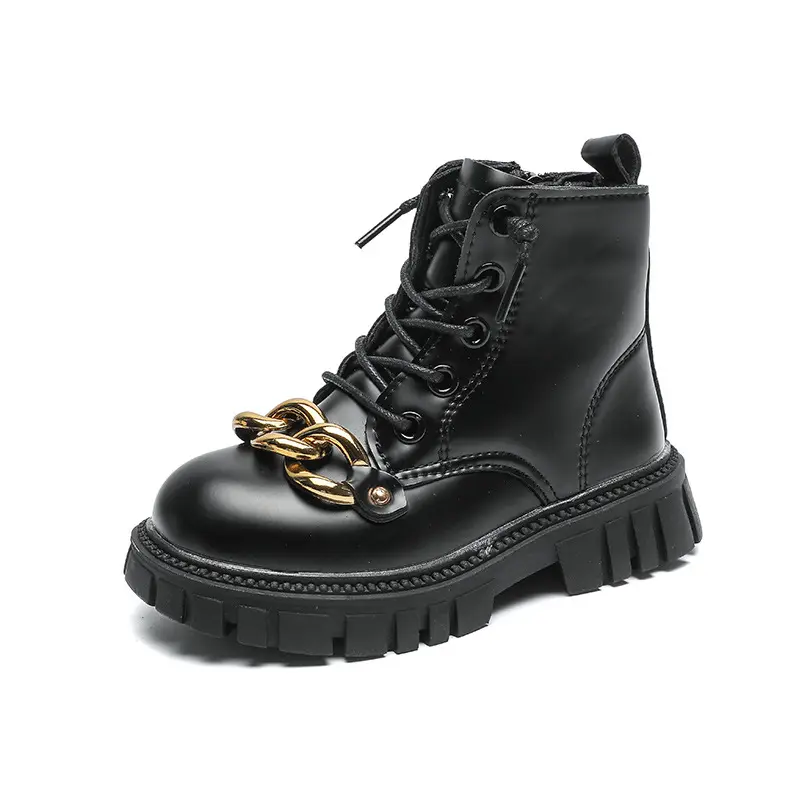 Fashion luxury design girls children's kids winter zipper lace up black leather plush chunky platform ankle short boots