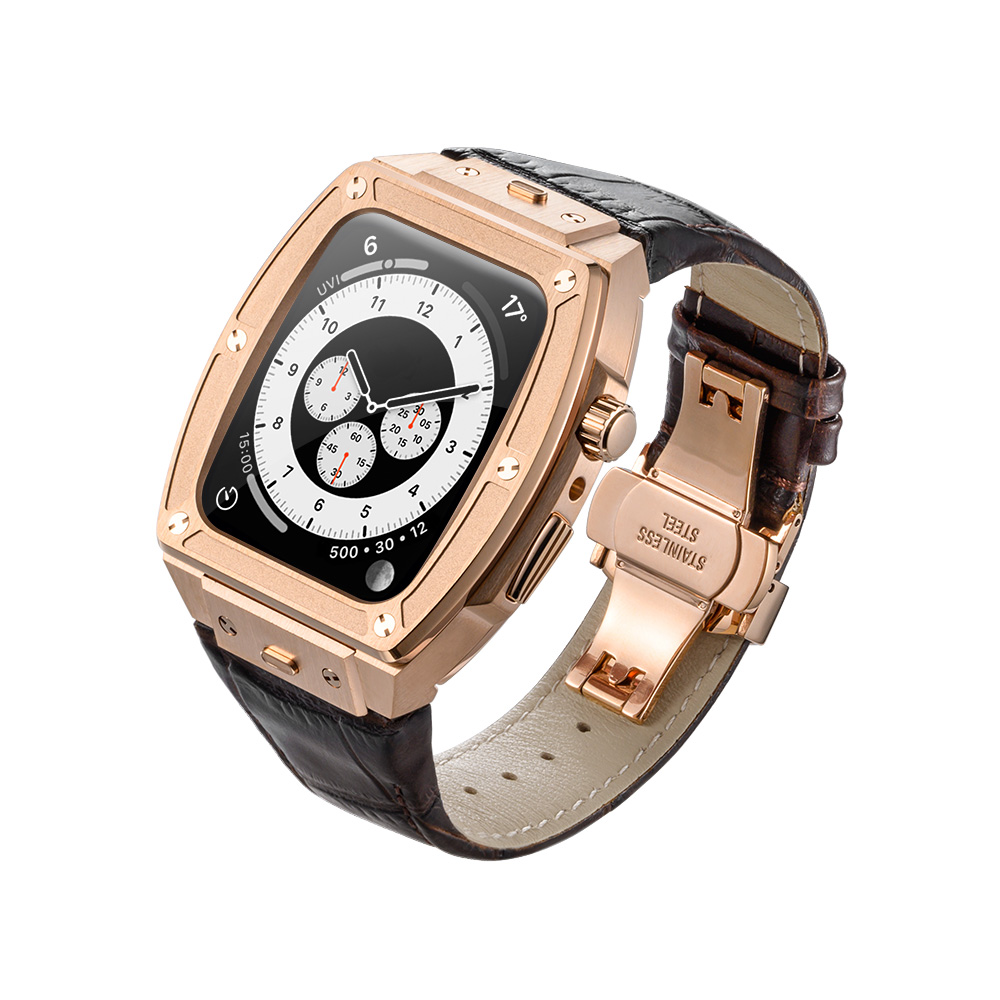 Caja de oro rosa correa de cuero marrón