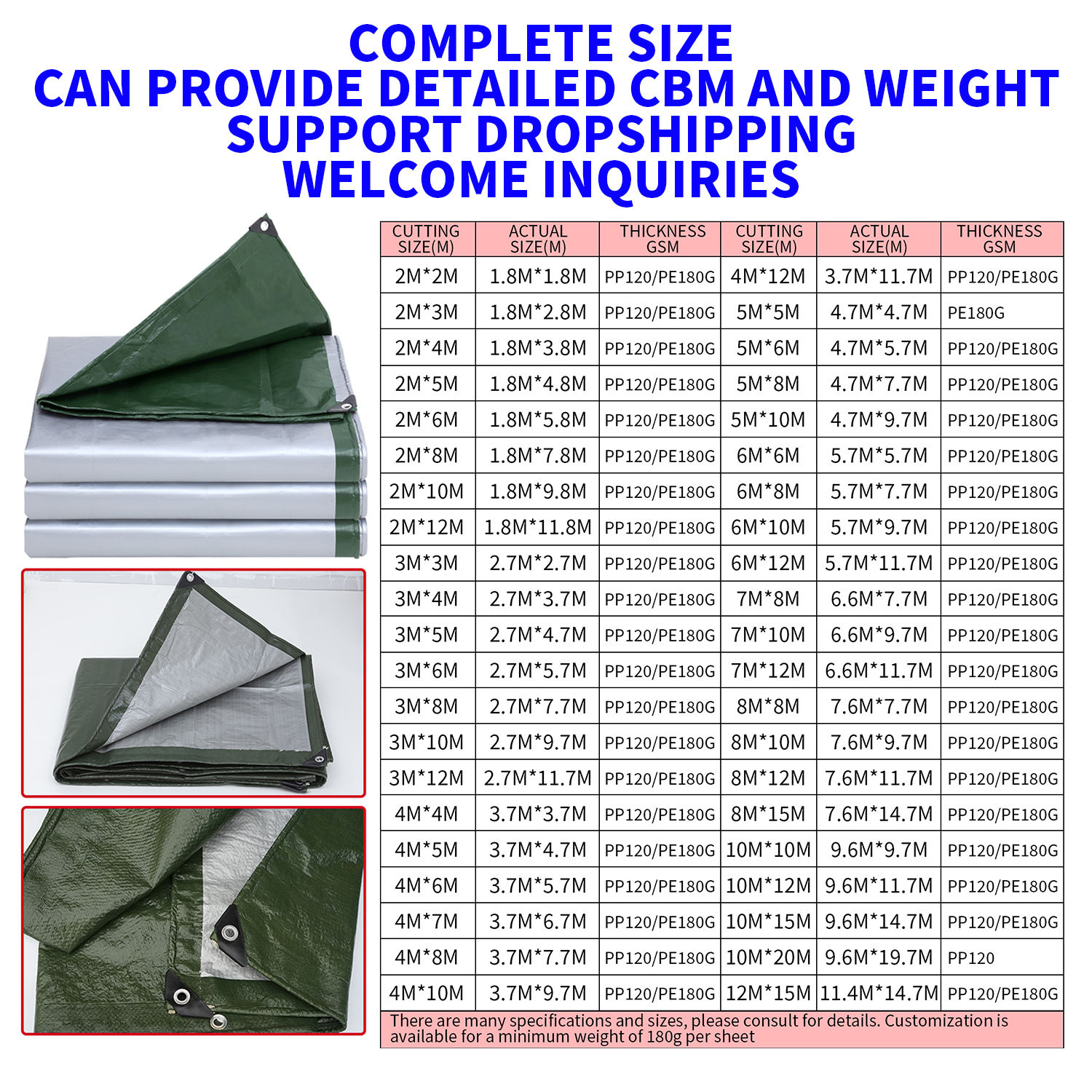 Vert/argent 2m * 2m 120-130gsm