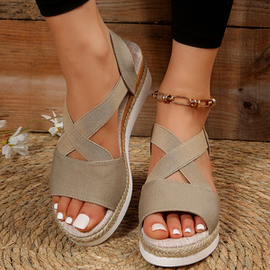 Nouvelles sandales <span class=keywords><strong>compensées</strong></span> à plateforme ouverte pour femme, grande taille, avec élastique, pour l'été - Product Image 4