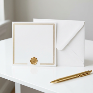 Cartes de remerciement personnalisées en papier couché blanc minimaliste avec double bordure dorée, sceau de cire, cartes de vœux d'entreprise de luxe imprimées en gros - Product Image 1
