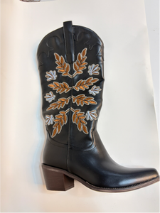 <span class=keywords><strong>Botas</strong></span> Vaqueras Occidentales Bordadas con Hojas <span class=keywords><strong>Negras</strong></span> Personalizadas para <span class=keywords><strong>Mujer</strong></span>, Punta Redonda, Media Pantorrilla, Cuero Sintético, <span class=keywords><strong>Botas</strong></span> de Vaquera - Product Image 1