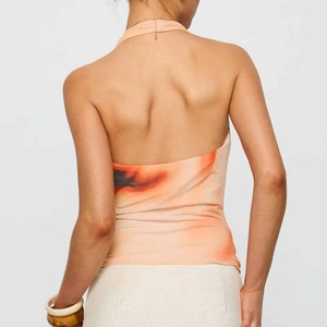 Top Estivo Personalizzato in Stile Vintage Elegante <span class=keywords><strong>Arancione</strong></span> con Collo Halter e Scollo Basso in Tessuto di Poliestere Intrecciato - Product Image 2