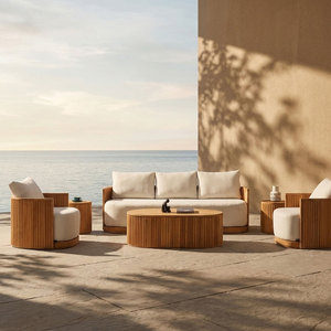 Divano a U in Teak Massiccio YORLLA, Sezionale in Legno Scanalato con Cuscini Bianchi, <span class=keywords><strong>Arredamento</strong></span> da Esterno B2B - Product Image 3