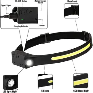 Portatile Full Vision Motion Sensor Headband Head Torch Mini faro ricaricabile LED COB Strip lampada frontale a induzione