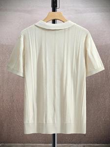 قميص بولو رجالي من الكشمير والصوف بلون سادة، تيشيرت محبوك خفيف بأكمام قصيرة للرجال بتصميم Old Money - Product Image 3