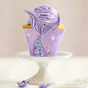 Individuell bedruckte Meerjungfrau Thema Geburtstag Party Dekorationen Meerjungfrau Cupcake Formband Mädchen Geburtstag 3D Meerjungfrauenflosse Muffin Kuchenfolie