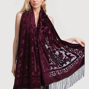 Elegant Velvet Cheongsam <b>Shawl</b> Dark Green Floral Print Long Tassel Evening Gown <b>Wrap</b> Traditional Scarf - Product Image 4