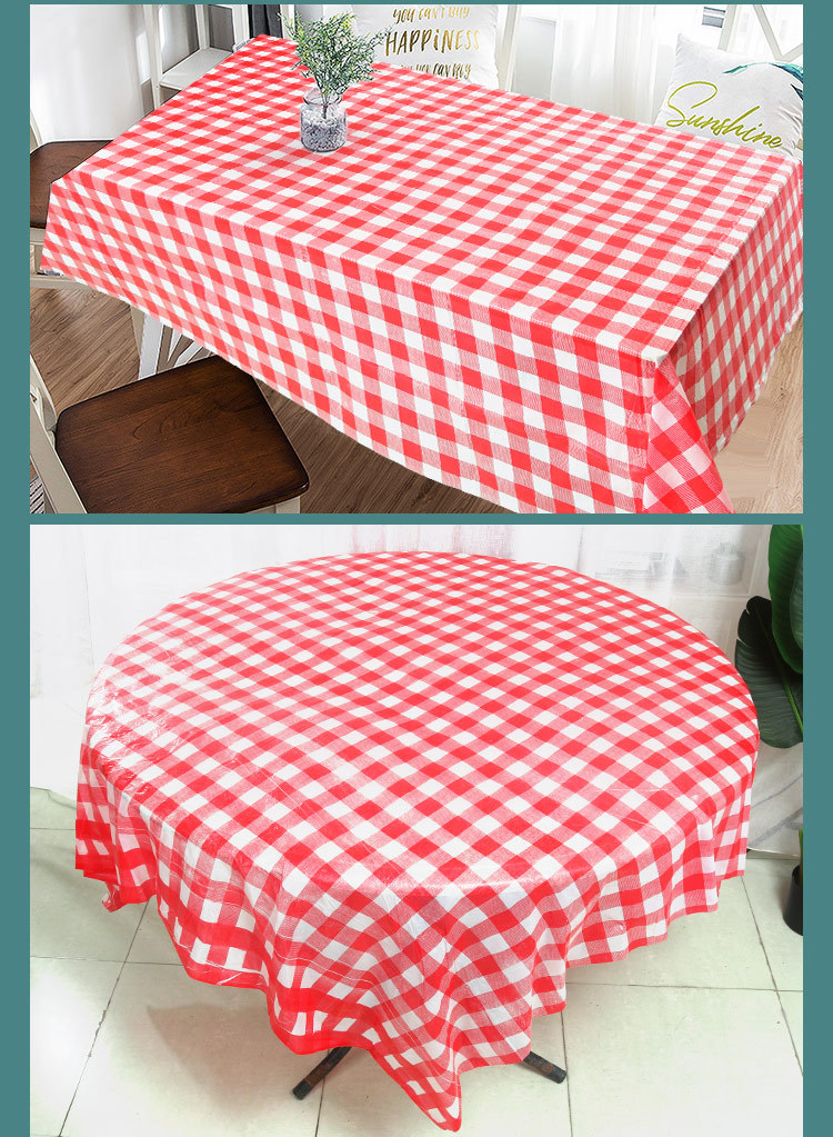 定制一次性pe防水餐厅白色圆形网格蓝色条纹支票桌布婚礼桌布120