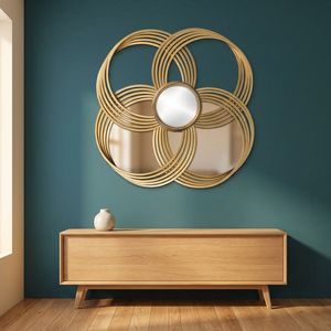Miroir mural rond moderne en laiton avec bordure décorative à motif floral pour salon et chambre à coucher - Product Image 1