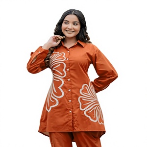 Orange Cotton <b>Kurti</b> With Floral Embroidery Loose Fit Ankle Length Traditional <b>Indian</b> Wear For Women Casual Outfit - Product Image 2