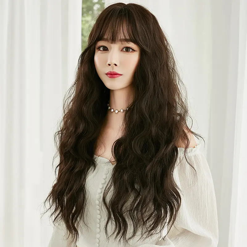 Ainizi Chất Lượng Hàng Đầu Phong Cách Hàn Quốc Thời Trang Wig Dài Len CuộN Rose Net Wig Với Fringe Nhiều Màu Sắc Có Sẵn