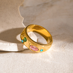 Fashion <b>Ring</b> 18k <b>Gold</b> Stainless Steel Three Round Zircon Stones Bezel Setting Geometric Shape Unisex Gift Jewelry - Product Image 3