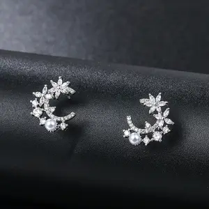 2022 New Trendy Copper Zircon 18K Gold Plated Korea Diamond Pearl Flower Studs Earrings