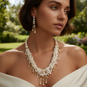 Pearl <b>Necklace</b> With Tassel Design White Pearls Gold Accents Elegant <b>Statement</b> Jewelry For Women - Product Image 3