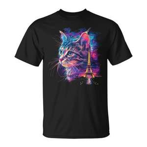 T-shirt unisexe pour adulte à manches courtes et col rond avec motif Tour Eiffel et chat mignon à Paris, impression numérique promotionnelle - Product Image 1