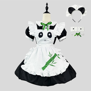 Panda Maid Costume Lolita Style Black Dress With Green Bamboo Print For Kids Age 8 13 Years Anime Cosplay Outfit - Product Image 1