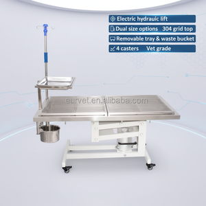 Table <span class=keywords><strong>d</strong></span>'opération vétérinaire hydraulique EUR VET avec plateau en acier inoxydable 304 (1400x600mm), réglage de hauteur 600-1000mm, plateau amovible, bac à <span class=keywords><strong>d</strong></span>échets et 4 roulettes - Product Image 1