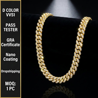 Cadena Cubana de Moissanita VVS1 de 12mm Color D, Chapada en Nano Plata Sólida S925, Estilo Hip Hop, Collar Iced Out para Hombre