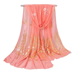 Hoogwaardig Effen Kleur Pauw Hot Gold Print Design Elegante Chiffon Damesmode Lange Sjaal