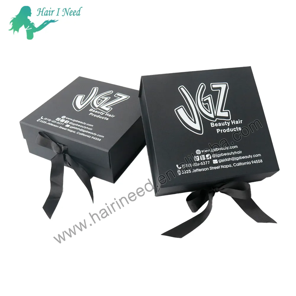Caja de regalo Premium con logotipo personalizado negro al por mayor, paquete grande de lujo, papel de cartón, peluca, extensión de cabello, caja de embalaje magnética