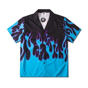 2025 Hawaiian con stampa blu a maniche corte Casual da uomo con stampa transfrontaliera nuova di zecca tinta in pianura da spiaggia - Product Image 2
