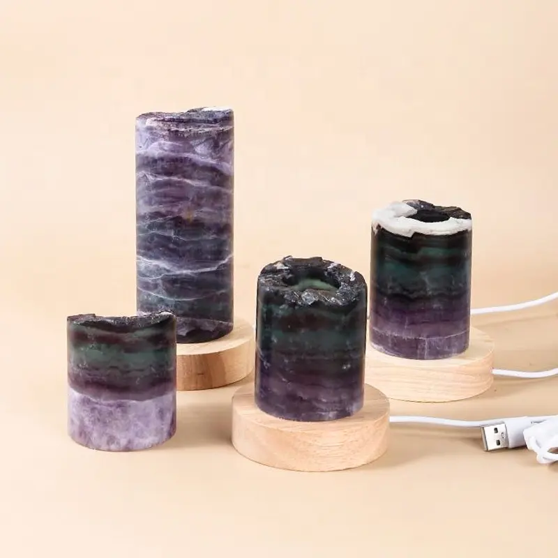 Cilindro de fluorita con Base de madera para decoración, cristal Natural púrpura, venta al por mayor