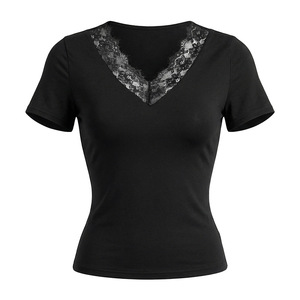 Viviblook Y26TP003 Camiseta Casual para Mujer, Nueva, Elegante, con Encaje, Cuello Pequeño, Cintura Ajustada, Color Sólido, Manga Corta - Product Image 4