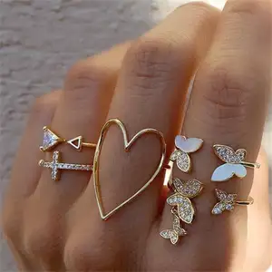 Ouro do vintage Banhado Ajustável Matching Casal Dedo Anéis Coração Da Borboleta de Cristal de Casamento Set Mulheres Casal Engagement Jóias