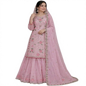 Robe traditionnelle indienne pakistanaise pour femmes, rose, brodée, coupe régulière, séchage rapide, toutes saisons, avec dupatta - Product Image 1