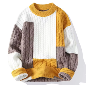 Pull en tricot à blocs de couleurs pour hommes avec logo personnalisé-Pull à col rond Streetwear à la mode, tricots chauds et décontractés pour l'automne et l'hiver - Product Image 4
