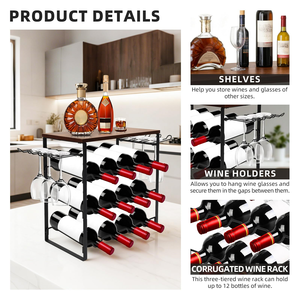 Casier à vin autoportant en métal noir à 3 niveaux pour 12 bouteilles avec crochets, support de rangement moderne de petite taille pour comptoir, table, armoire ou garde-manger - Product Image 2
