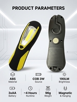 Lampe de travail portable magnétique COB 3W LED, alimentée par piles AA, en ABS, étanche IP65, lumineuse, 4100K blanc neutre, 190LM, 4 heures d'autonomie