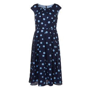 <span class=keywords><strong>Robe</strong></span> midi trapèze décontractée bleu <span class=keywords><strong>marine</strong></span> à pois pour femme, sans manches, taille naturelle, en tissu tissé, imprimé numérique, avec fermetures éclair - Product Image 6