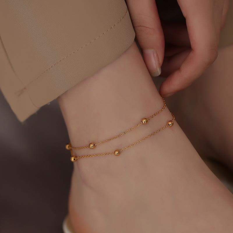 Colorless 2021 New Unique Design 18 K Gold Double Layer Simple Transfer  Bead Anklet for Girls Female Stainless Steel Anklet