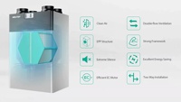 Système de ventilation à récupération d'énergie VMC pour maison passive, avec échangeur de chaleur à contre-courant (HRV) et bypass, conforme aux normes européennes.