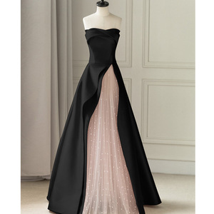 مطرز الساتان ثوب رسمي المسابقة المرأة طويلة حزب فستان حفلة موسيقية مثير الجانب انقسام تول فساتين السهرة السوداء - Product Image 1