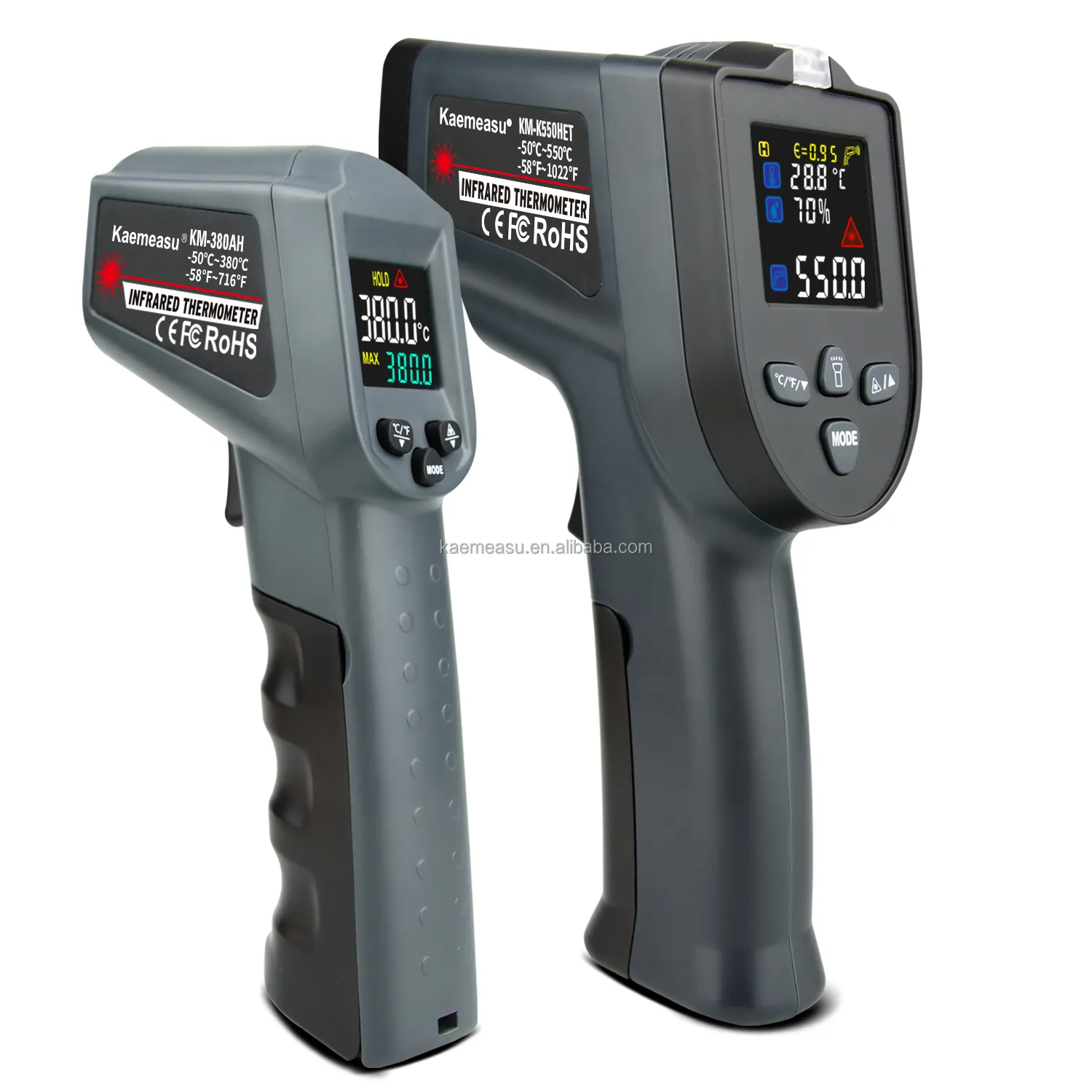 Termometer inframerah, pengukur suhu Digital senapan Laser ganda untuk industri
